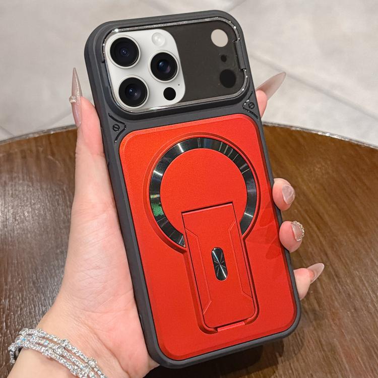For iPhone 12 Pro Max Shockproof Lens Cover Magnetic Phone Case with Hidden Holder(Red)