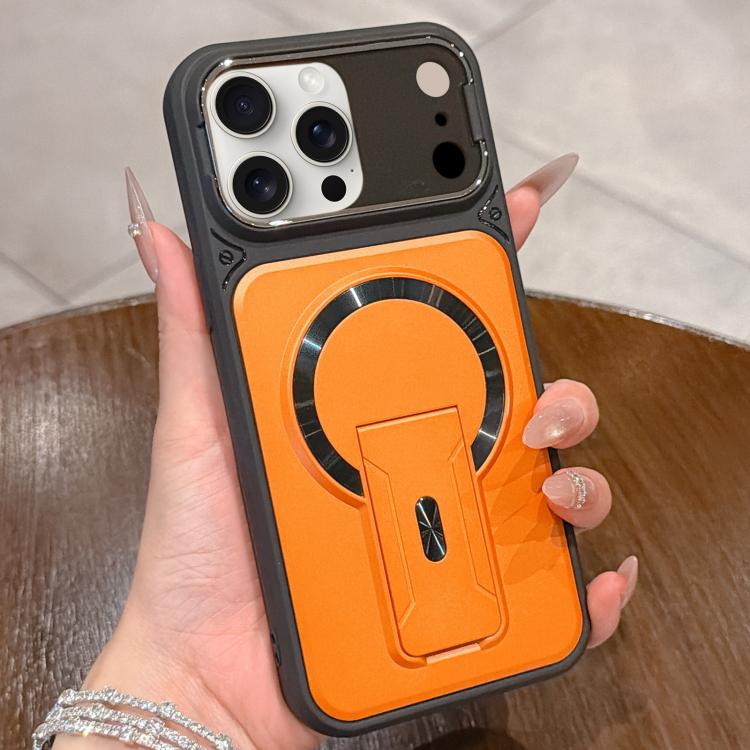 For iPhone 12 Pro Shockproof Lens Cover Magnetic Phone Case with Hidden Holder(Orange)