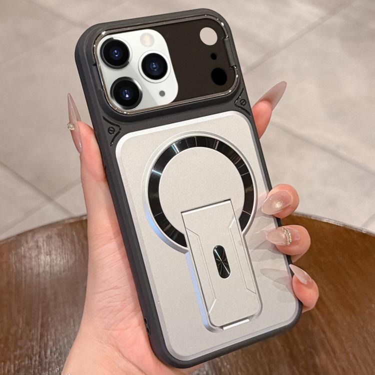 

For iPhone 11 Pro Max Shockproof Lens Cover Magnetic Phone Case with Hidden Holder(Silver)