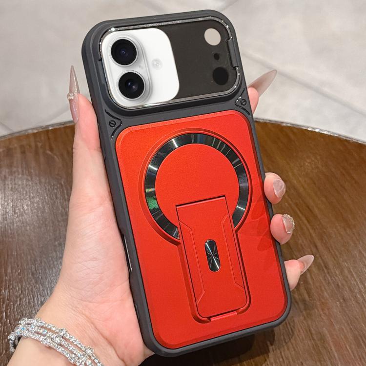 For iPhone 16 Plus Shockproof Lens Cover Magnetic Phone Case with Hidden Holder(Red)