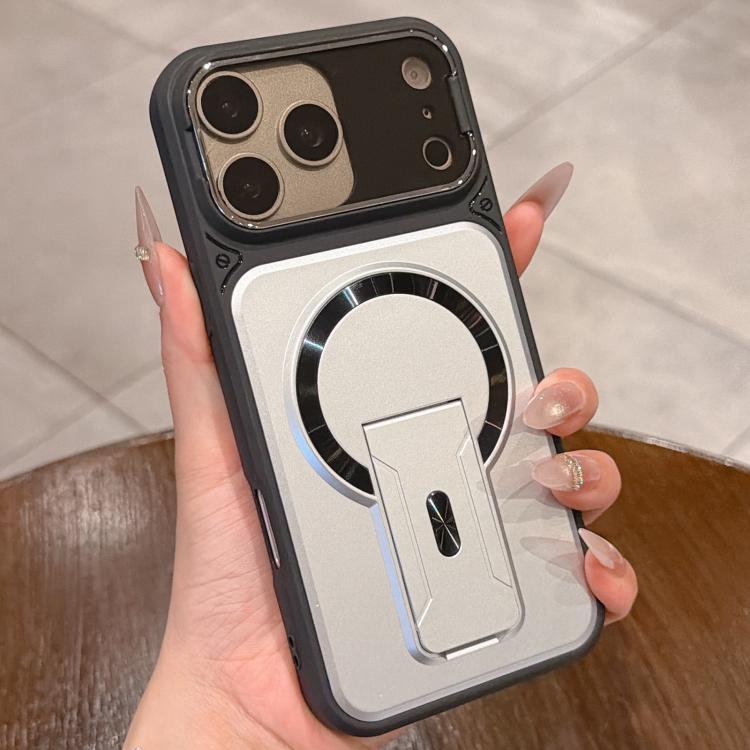 For iPhone 18 Pro Max Shockproof Lens Cover Magnetic Phone Case with Hidden Holder(Silver)