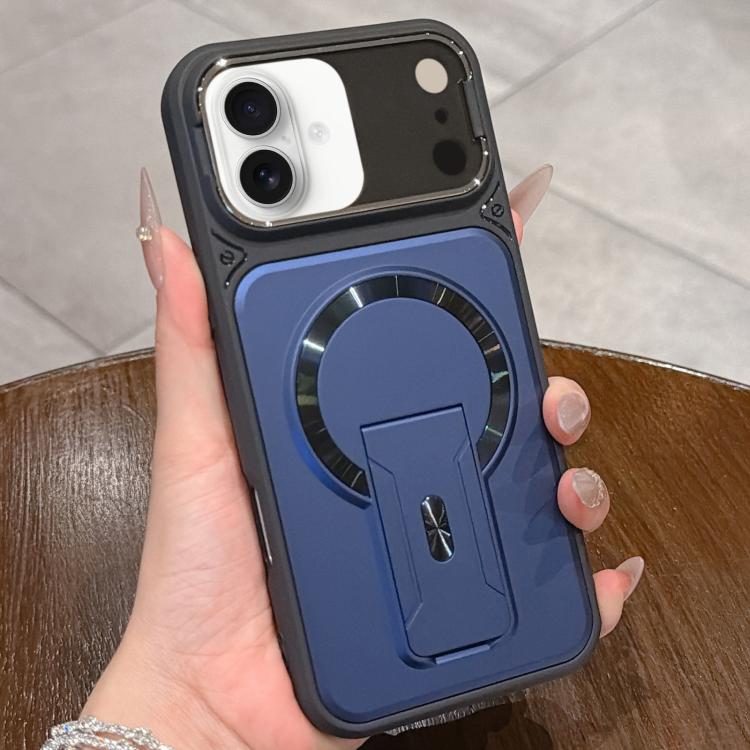 For iPhone 18 Shockproof Lens Cover Magnetic Phone Case with Hidden Holder(Blue)