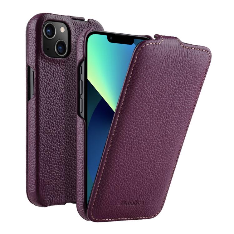 For iPhone 13 melkco Litchi Texture Vertical Flip Magnetic Genuine Leather Phone Case(Purple)