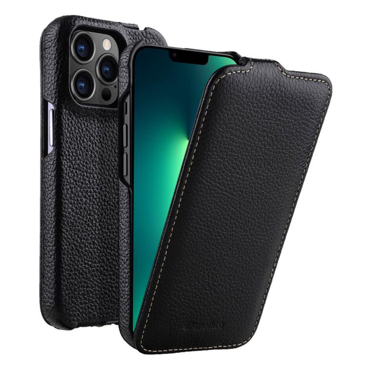 For iPhone 13 Pro melkco Litchi Texture Vertical Flip Magnetic Genuine Leather Phone Case(Black)