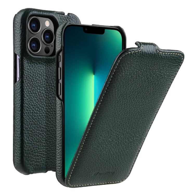 For iPhone 13 Pro Max melkco Litchi Texture Vertical Flip Magnetic Genuine Leather Phone Case(Dark Green)