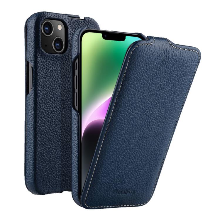 For iPhone 14 melkco Litchi Texture Vertical Flip Magnetic Genuine Leather Phone Case(Dark Blue)