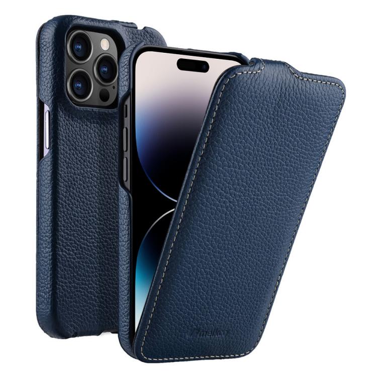 For iPhone 14 Pro melkco Litchi Texture Vertical Flip Magnetic Genuine Leather Phone Case(Dark Blue)