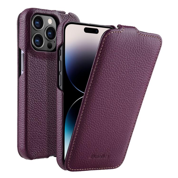For iPhone 14 Pro Max melkco Litchi Texture Vertical Flip Magnetic Genuine Leather Phone Case(Purple)