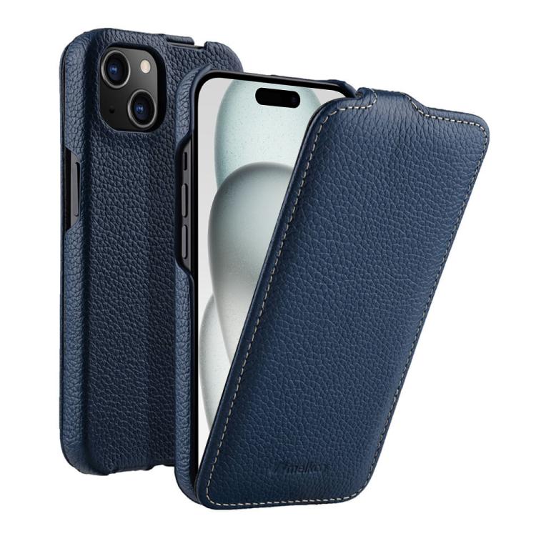 For iPhone 15 melkco Litchi Texture Vertical Flip Magnetic Genuine Leather Phone Case(Dark Blue)