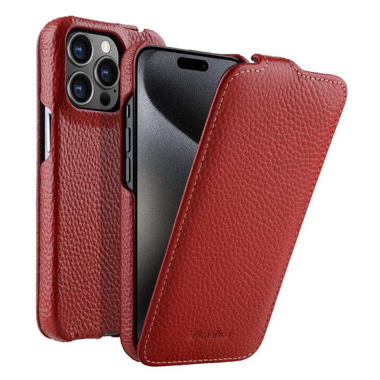 For iPhone 15 Pro Max melkco Litchi Texture Vertical Flip Magnetic Genuine Leather Phone Case(Red)