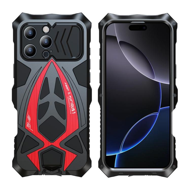 For iPhone 16 Pro Max Sports Car Metal Silicone Shockproof Phone Case with Film(Black Red)