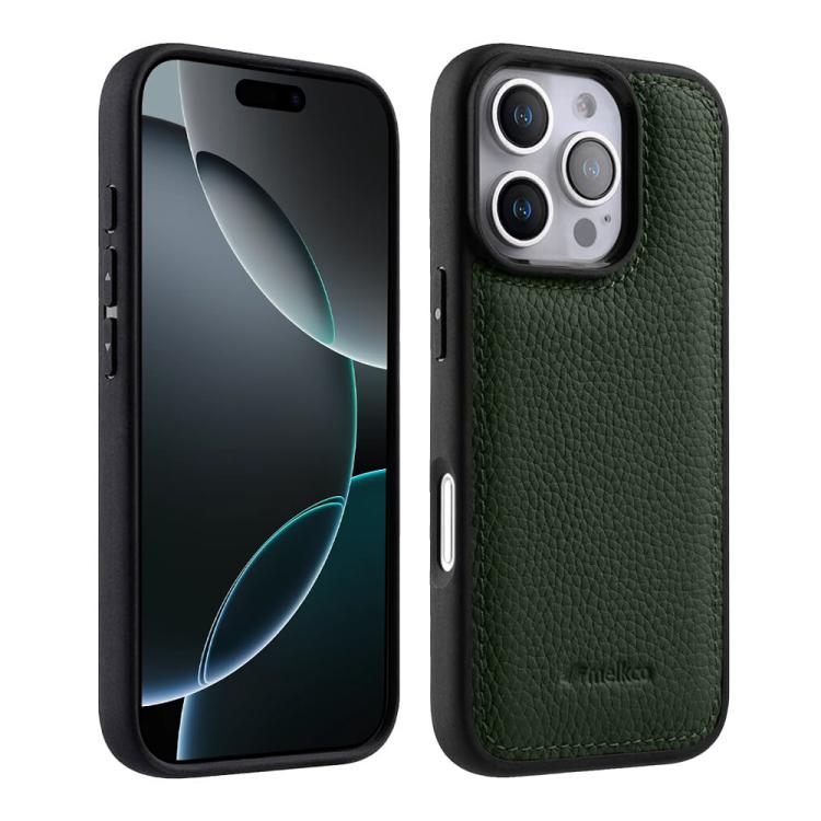 

For iPhone 16 Pro Max melkco Litchi Texture Full Coverage Genuine Leather Hybrid PC Phone Case(Dark Green)