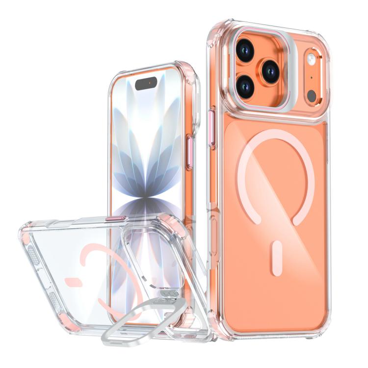 

For iPhone 17 Pro Transparent Lens Kickstand Magnetic Phone Case(Pink)