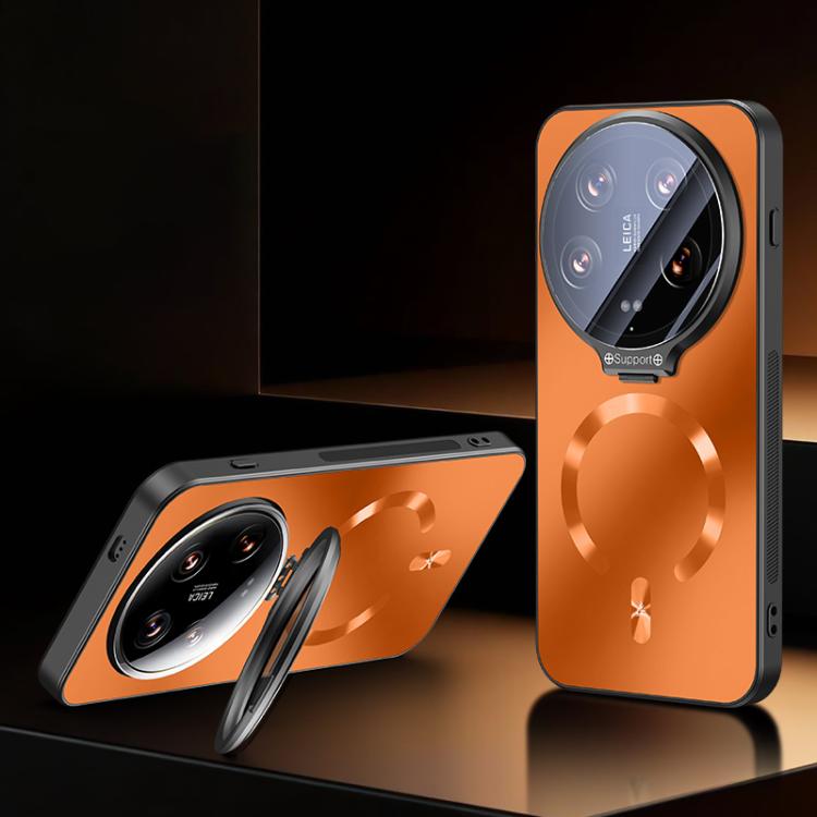 

For Xiaomi 14 Ultra Ice Magnetic Straight Edge Lens Holder Magnetic Phone Case(Orange)