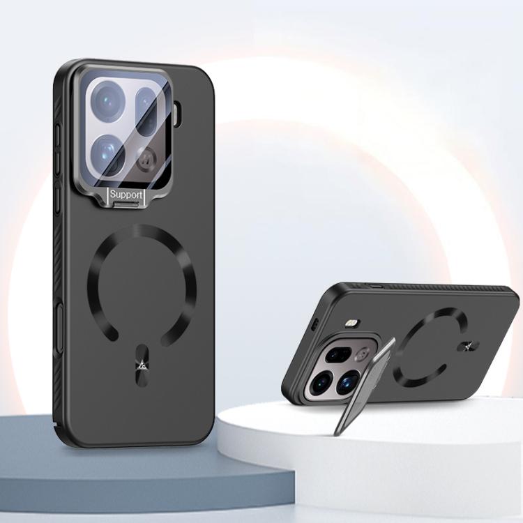 For OPPO Find X9 Pro Ice Crystal Solid Color U-Shaped Magnetic Invisible Lens Holder Frosted Phone Case(Black)