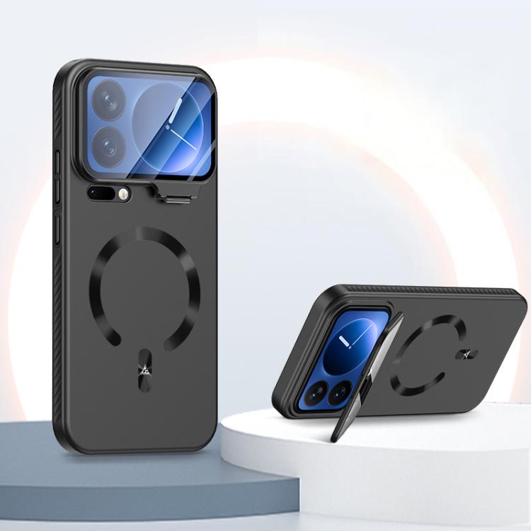 

For Xiaomi 17 Pro Max Ice Crystal Solid Color U-Shaped Magnetic Invisible Lens Holder Frosted Phone Case(Black)
