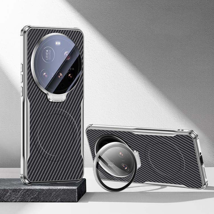 For Xiaomi 15 Ultra Carbon Fiber Textured Electroplated Lens Holder Magnetic Phone Case(Graphite Black)