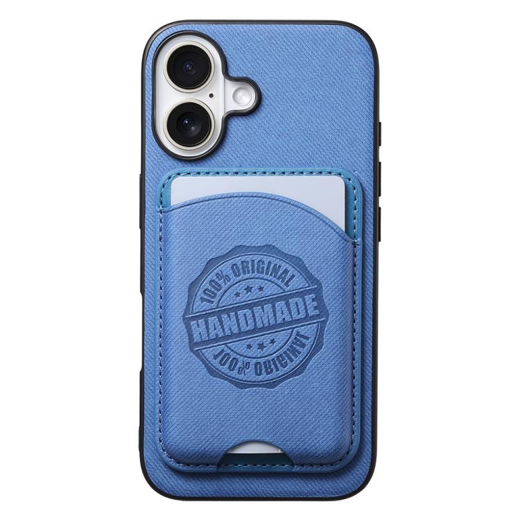 For iPhone 16 Plus Twill Texture Vegan Leather Magnetic Phone Cover with Detachable Card Holder(Blue)