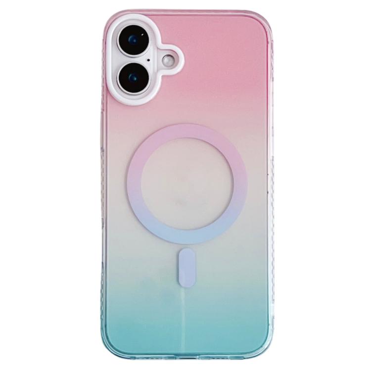 For iPhone 16 Geometric Gradient Magnetic Phone Case(Rose Pink Blue)