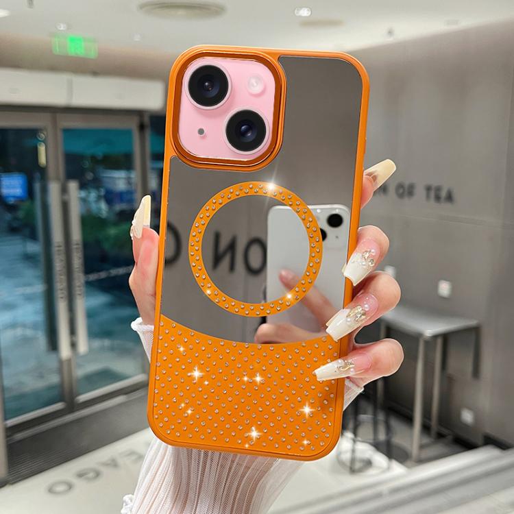 

For iPhone 15 Crystal Mirror Surface Rhinestone Magnetic Phone Case(Orange)