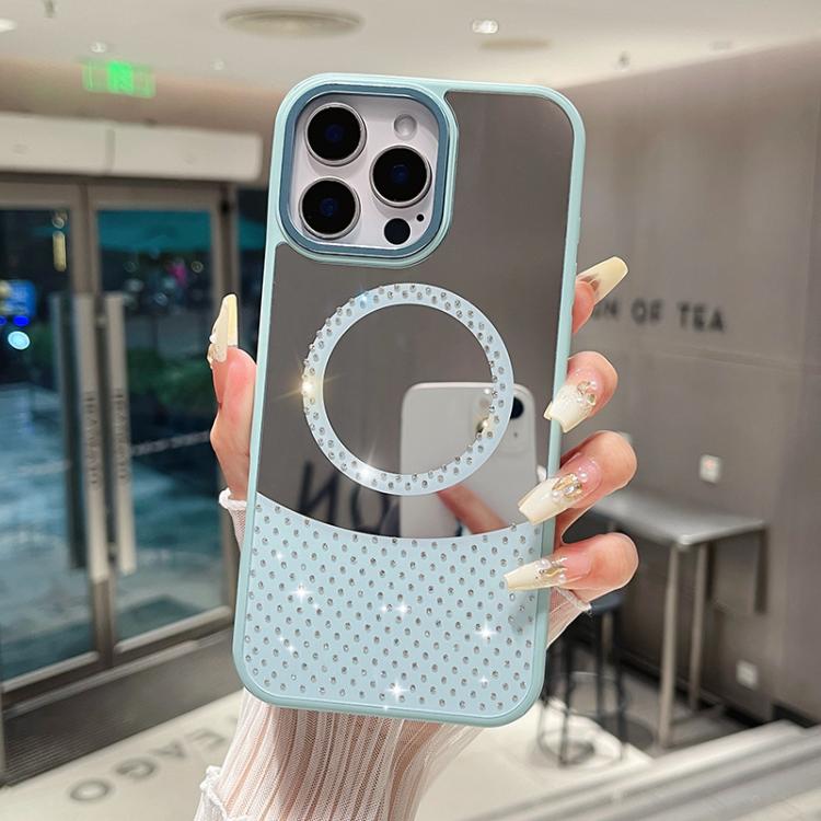 For iPhone 16 Pro Crystal Mirror Surface Rhinestone Magnetic Phone Case(Blue)