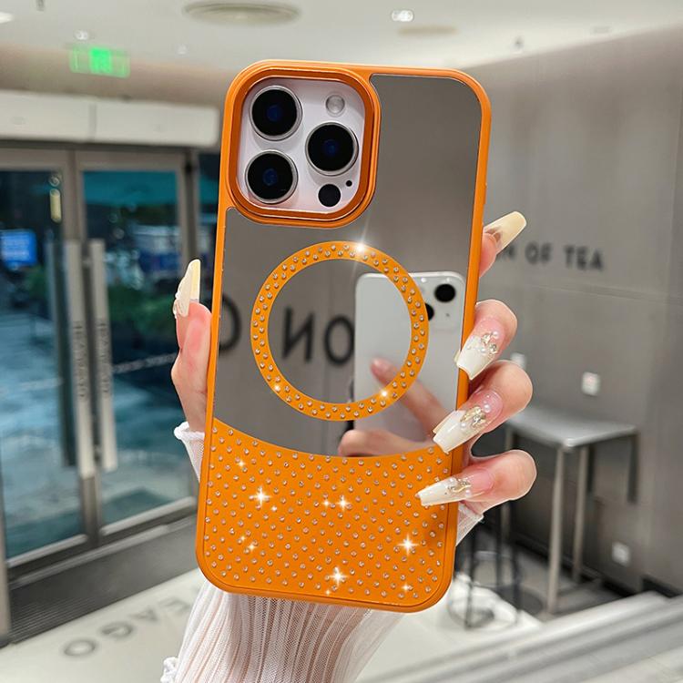 

For iPhone 16 Pro Max Crystal Mirror Surface Rhinestone Magnetic Phone Case(Orange)