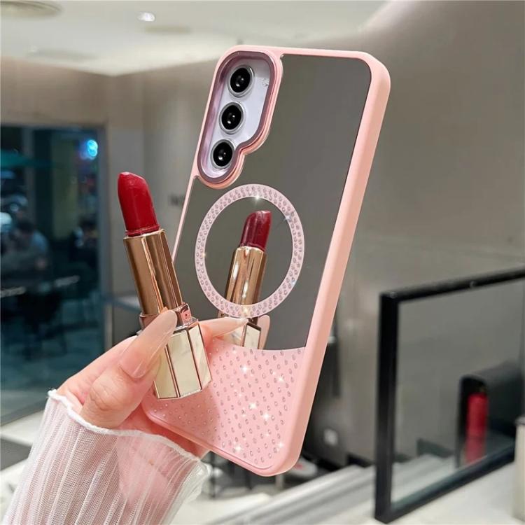 For Samsung Galaxy S23 5G Crystal Mirror Surface Rhinestone Magnetic Phone Case(Pink)