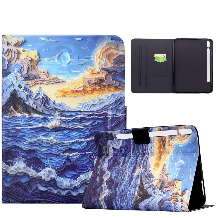 For Samsung Galaxy Tab S10 FE / S9 / S9 FE Voltage Sewing Thread Painted Vegan Leather Smart Tablet Case(Mountain Sea Waves)