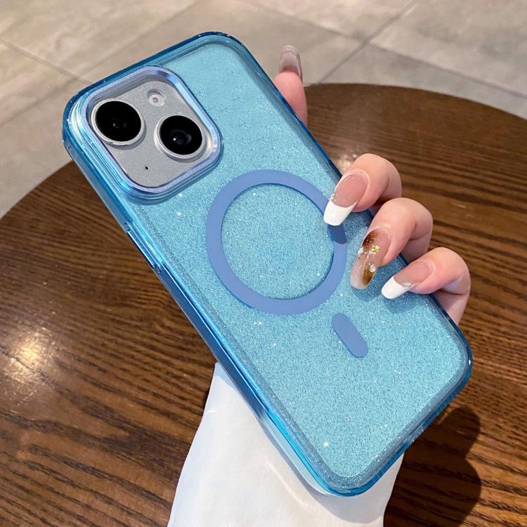 For iPhone 14 Plus Clear Glitter Magnetic Shockproof Phone Case(Blue)