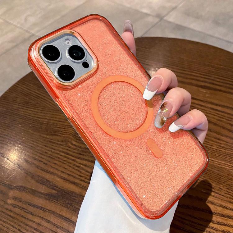For iPhone 14 Pro Clear Glitter Magnetic Shockproof Phone Case(Orange)