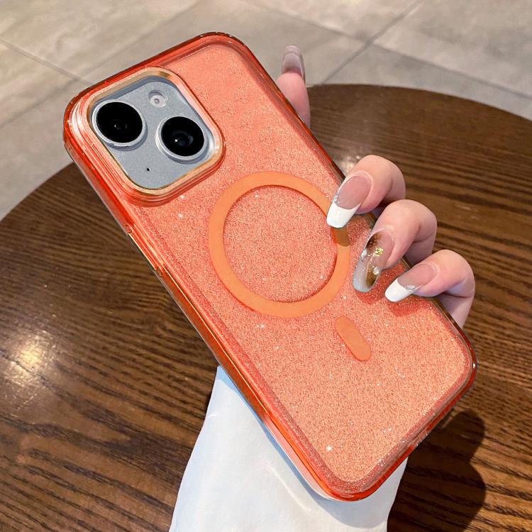 For iPhone 15 Plus Clear Glitter Magnetic Shockproof Phone Case(Orange)