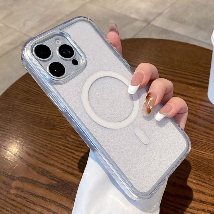 For iPhone 15 Pro Clear Glitter Magnetic Shockproof Phone Case(White)