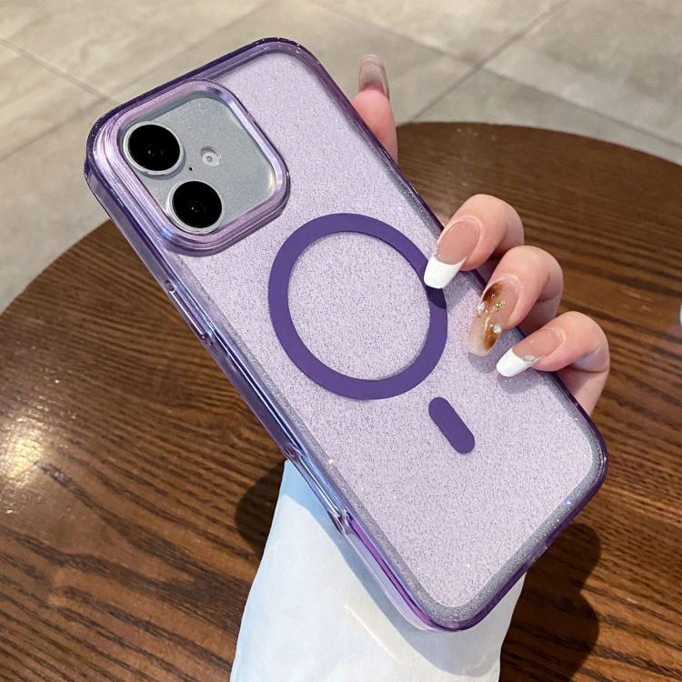 For iPhone 16 Clear Glitter Magnetic Shockproof Phone Case(Purple)