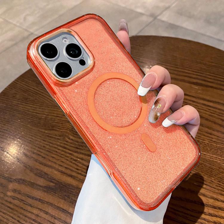 For iPhone 16 Pro Clear Glitter Magnetic Shockproof Phone Case(Orange)
