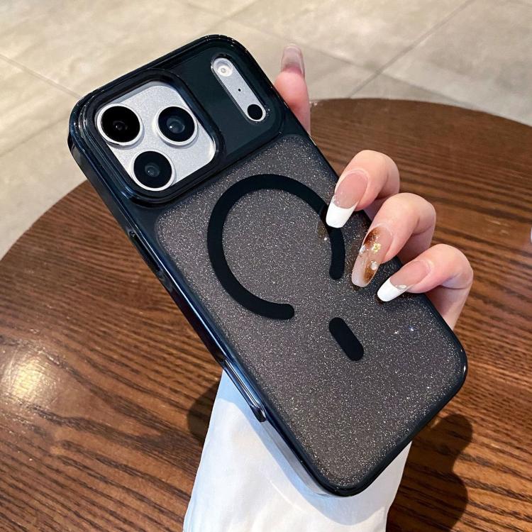 For iPhone 17 Pro Clear Glitter Magnetic Shockproof Phone Case(Black)