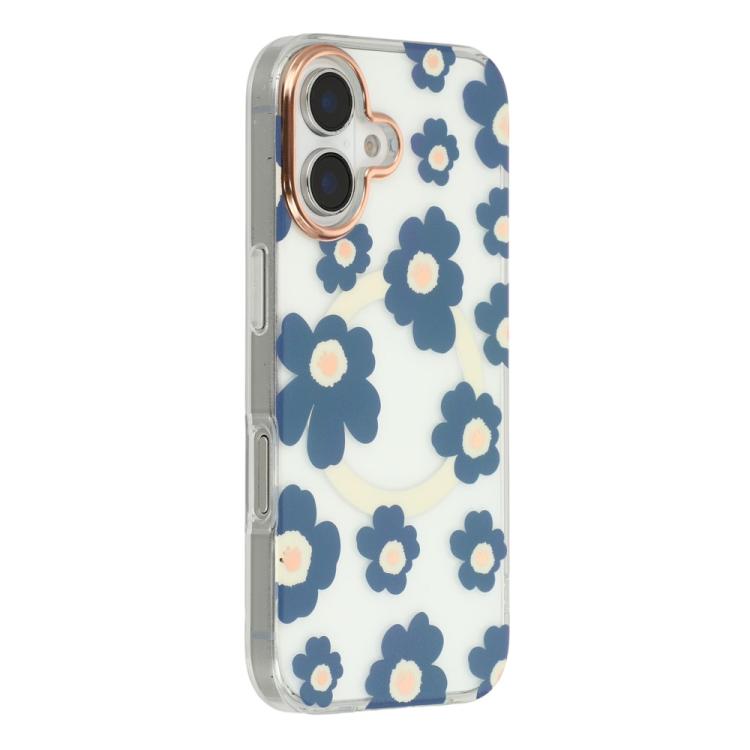 For iPhone 16 Floral Pattern TPU + PC Magnetic Phone Case(Blue)