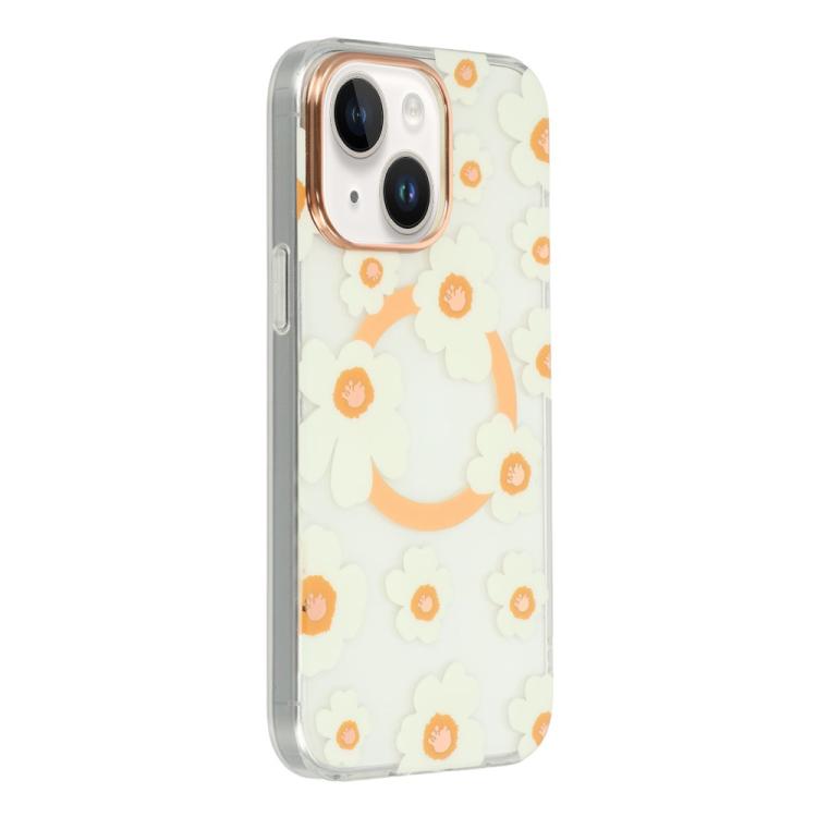 For iPhone 13 Floral Pattern TPU + PC Magnetic Phone Case(White Orange)