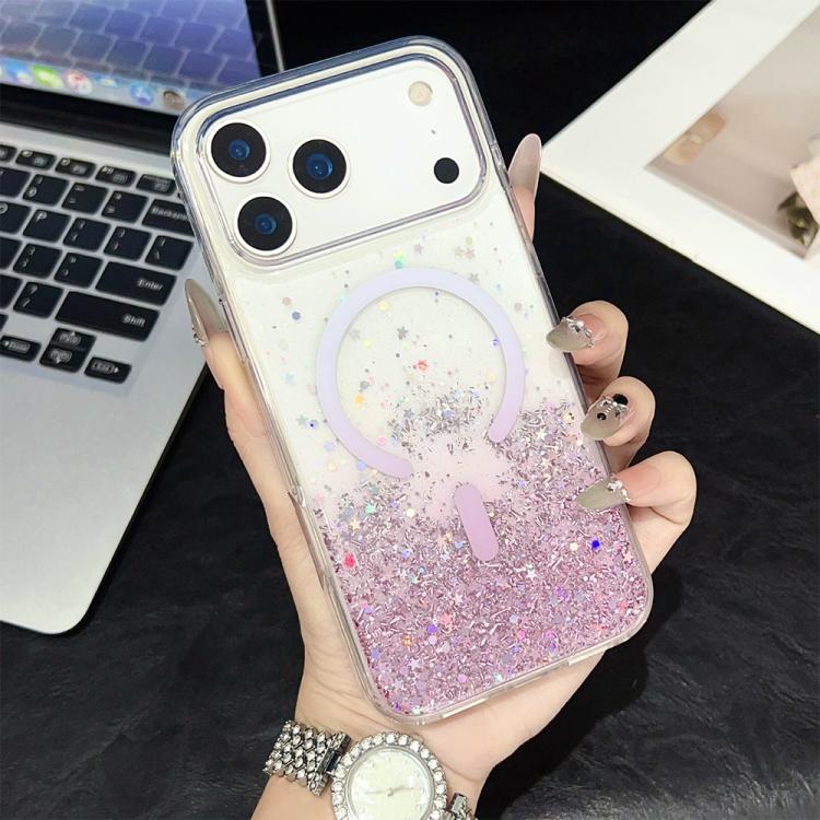 

For iPhone 17 Pro Max Clear Glitter TPU Magnetic Phone Case(Pink Rhinestone)