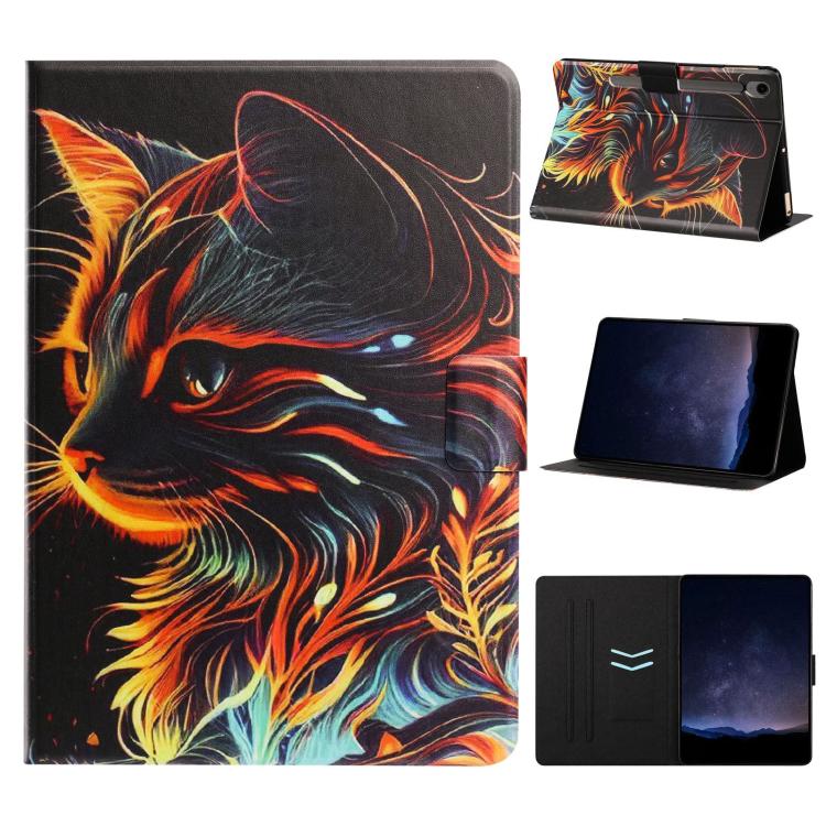 For Samsung Galaxy Tab S9 / S9 FE Litchi Texture Voltage Painted Vegan Leather Smart Tablet Case(Gold Cat)