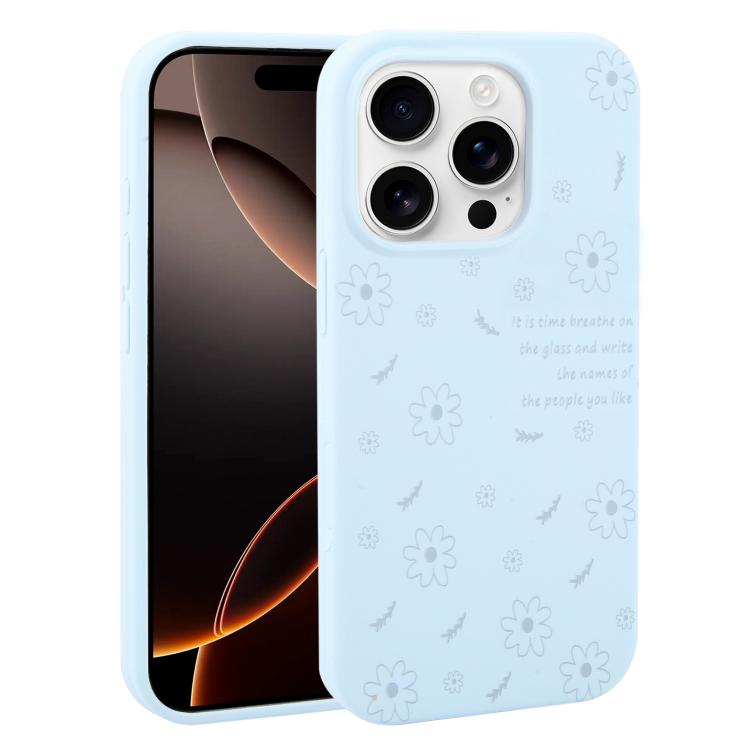 

For iPhone 16 Pro Max Large Hole Daisy Floral Printed Liquid Silicone Phone Case(Sky Blue)