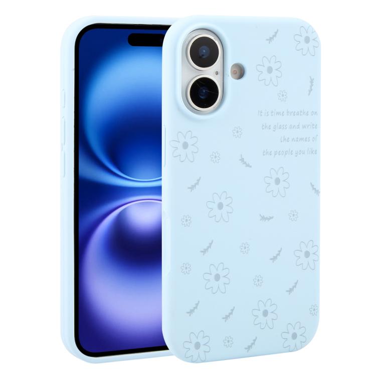 For iPhone 16 Plus Large Hole Daisy Floral Printed Liquid Silicone Phone Case(Sky Blue)