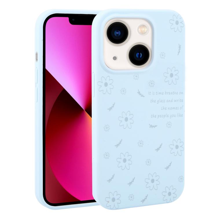 For iPhone 13 Large Hole Daisy Floral Printed Liquid Silicone Phone Case(Sky Blue)