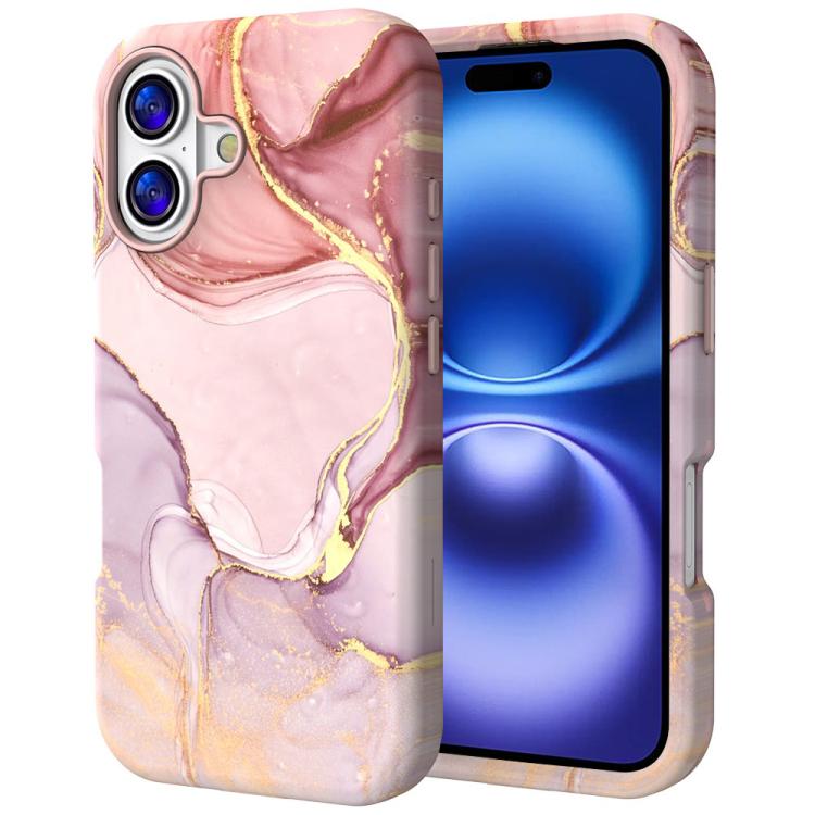 For iPhone 16 Plus Water Transfer Printing Marble Pattern PC + TPU Phone Case(Pink Gold)