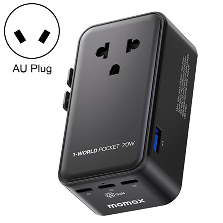 

MOMAX UA36 1-World Pocket 70W 4-Port Ultra-Thin GaN Universal Travel Adapter, Plug:AU Plug(Black)