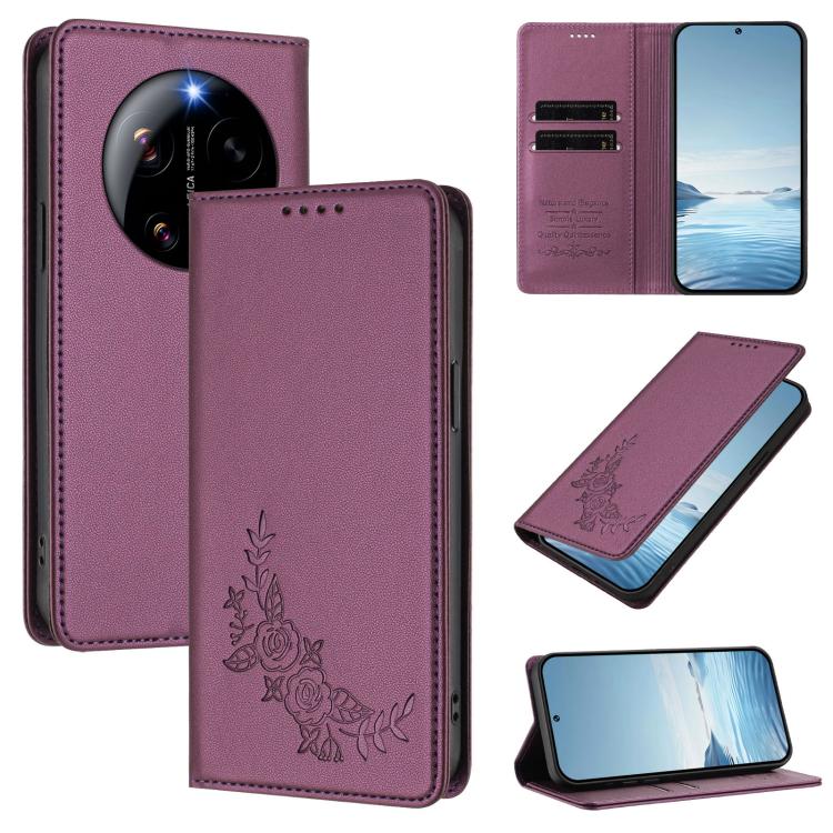 

For Xiaomi 17 Ultra Peony Embossed Magnetic RFID Vegan Leather Phone Case(Violet Purple)
