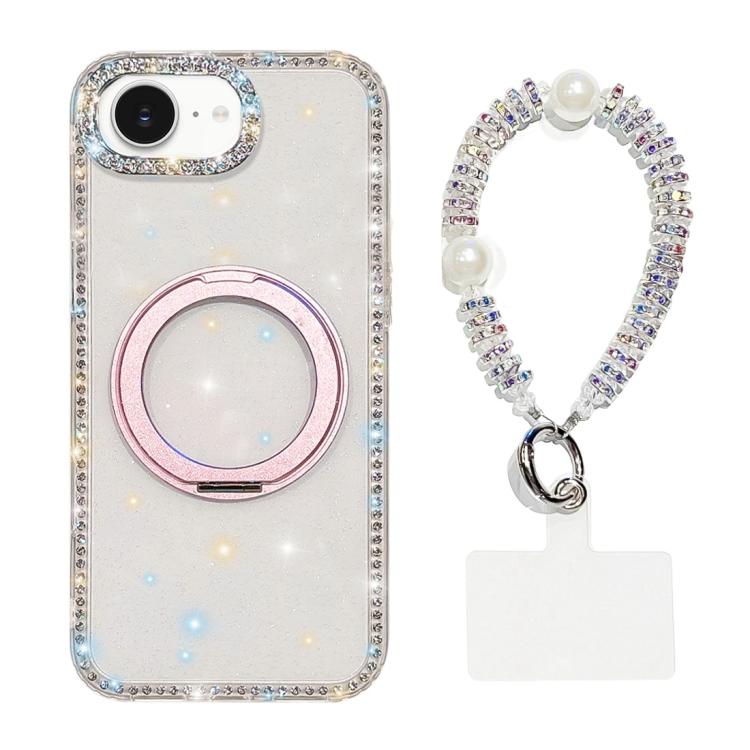 

For iPhone 17e / 16e Diamond IMD 360 Rotation Magnetic Metal Holder Phone Case with Strap(Glitter Transparent)