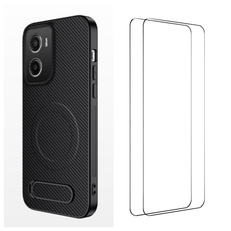 

For Motorola Moto G06 / G06 Power WANLONFENG Kickstand Carbon Fiber Texture Magnetic Phone Case with 2pcs Screen Films(Black)