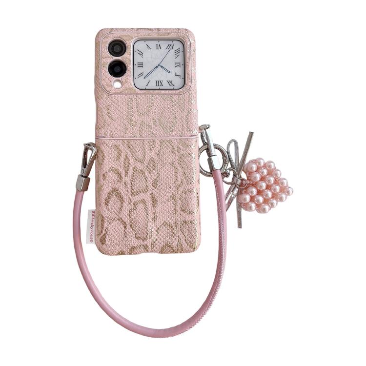 

For Huawei nova Flip S Scale Texture Side Buckle Shockproof Phone Case with Strap and Heart-Shaped Charm(Pink)