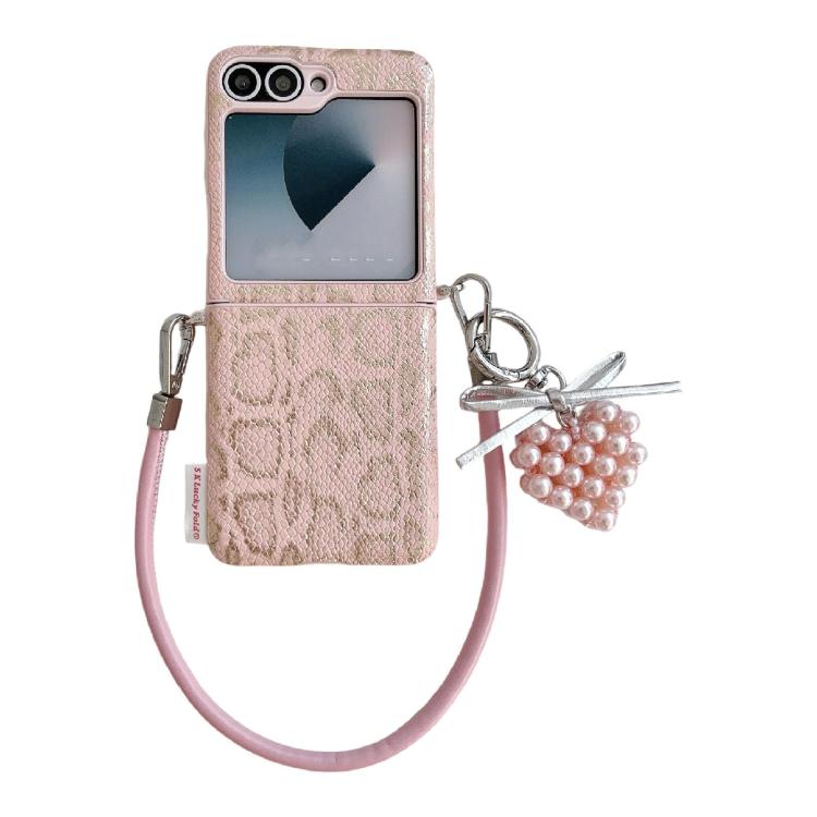 

For Samsung Galaxy Z Flip7 FE/6 Scale Texture Side Buckle Shockproof Phone Case with Strap and Heart-Shaped Charm(Pink)