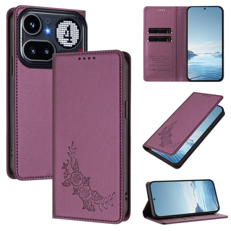 

For Nothing Phone 4a Pro Peony Embossed Magnetic RFID Vegan Leather Phone Case(Violet Purple)